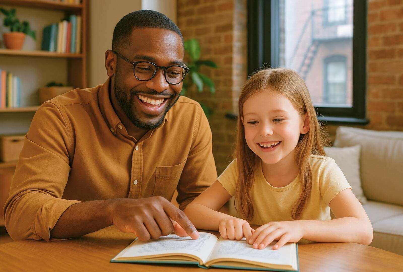 A dyslexia tutor, a happy Black man, helps a white girl read in a cozy Queens, NYC apartment.