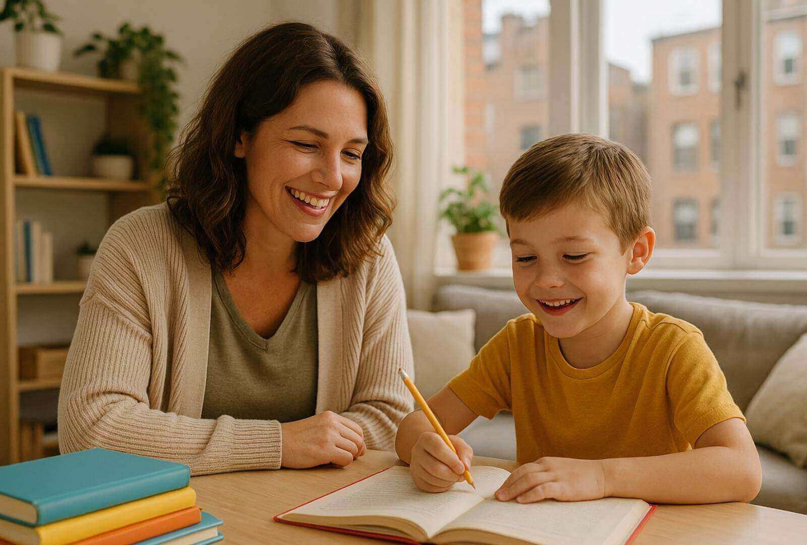 A dyslexia tutor, a smiling white woman, helps a young white boy with reading in a cozy Queens, NYC apartment.