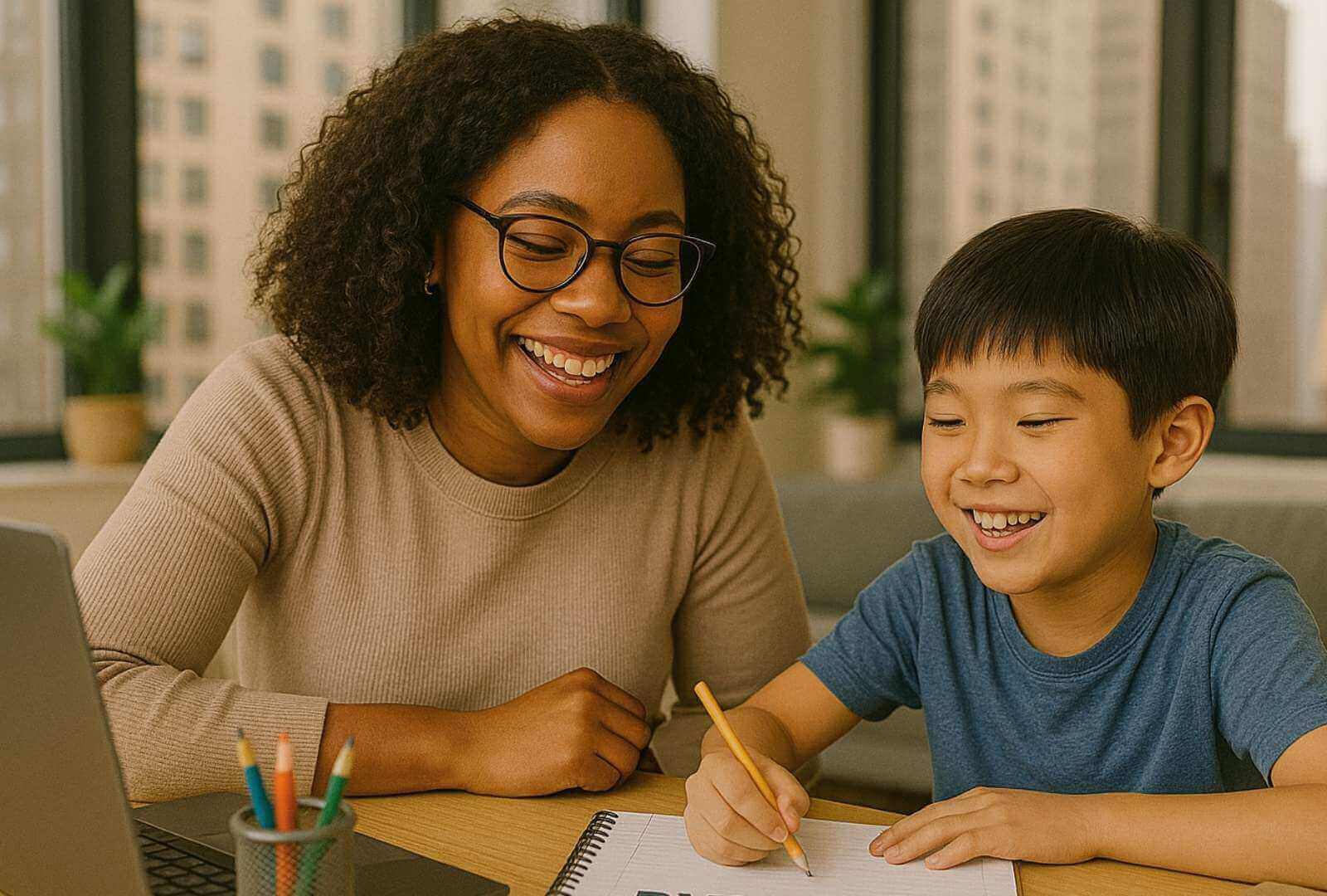 A dyslexia tutor, a smiling Black woman, helps a young Asian boy with reading and writing in a bright Manhattan apartment.