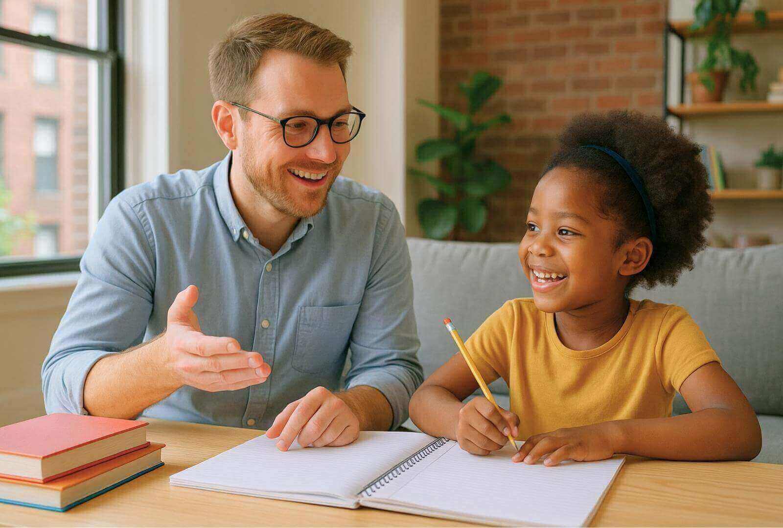 A teacher and a young child working together in a cozy NYC apartment.