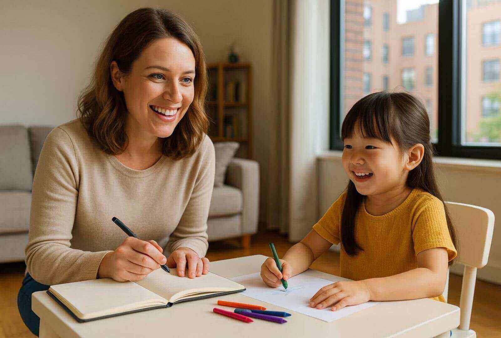 A happy tutoring moment between a SEIT and a preschool-aged child.